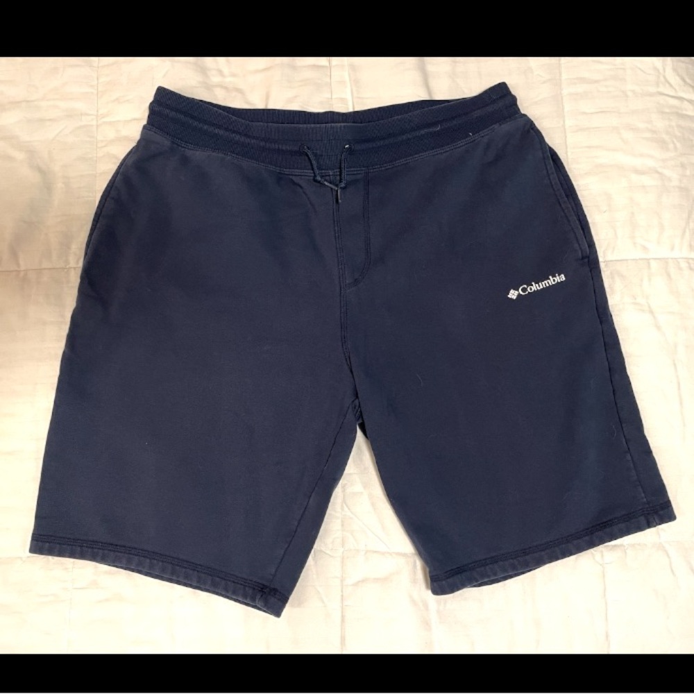 Columbia Logo Print Fleece Men's Shorts Sports Gym Training Navy Blue Large EUC